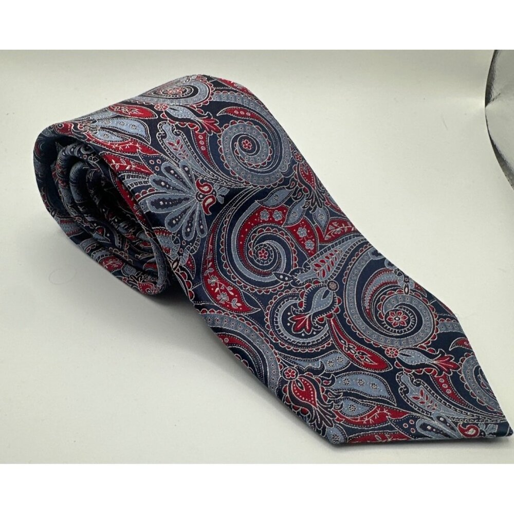 DANIEL CREMIEUX Men's 100% Silk Handmade Paisley Tie Navy Blue Red White - Picture 2 of 4